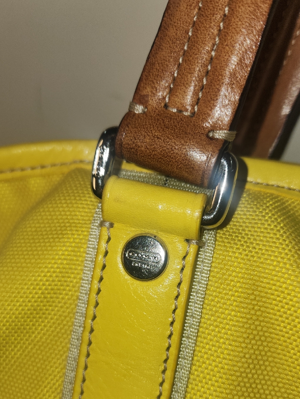 Coach Huge Yellow Canvas Tote Brown Leather Handles Travel Shoulder Strap Silver - Picture 13 of 17